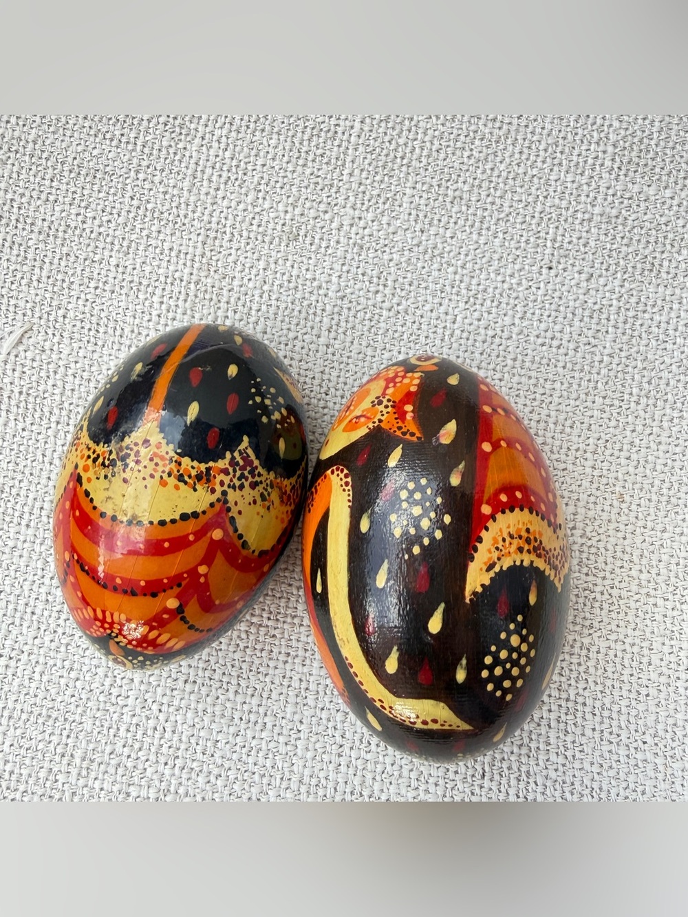 Hand-Painted Decorative Wooden Eggs in Black, Orange & Yellow